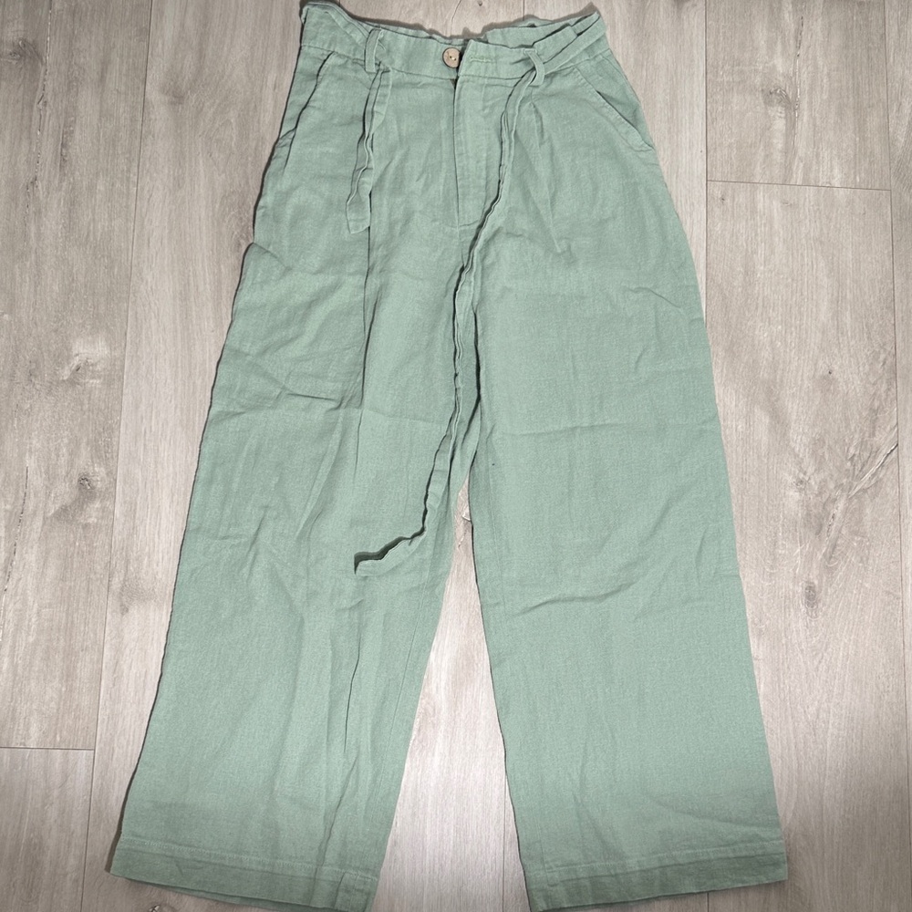 Mint Green Linen Wide-Leg Pants